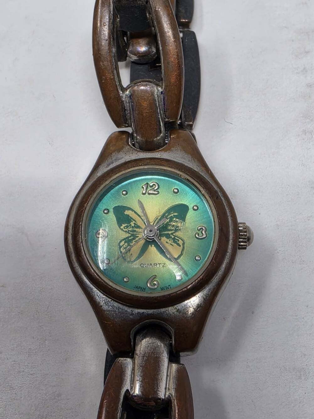 Vintage Butterfly Iridescent Dial Quartz Watch Bronze Tone Link Band Needs Batt